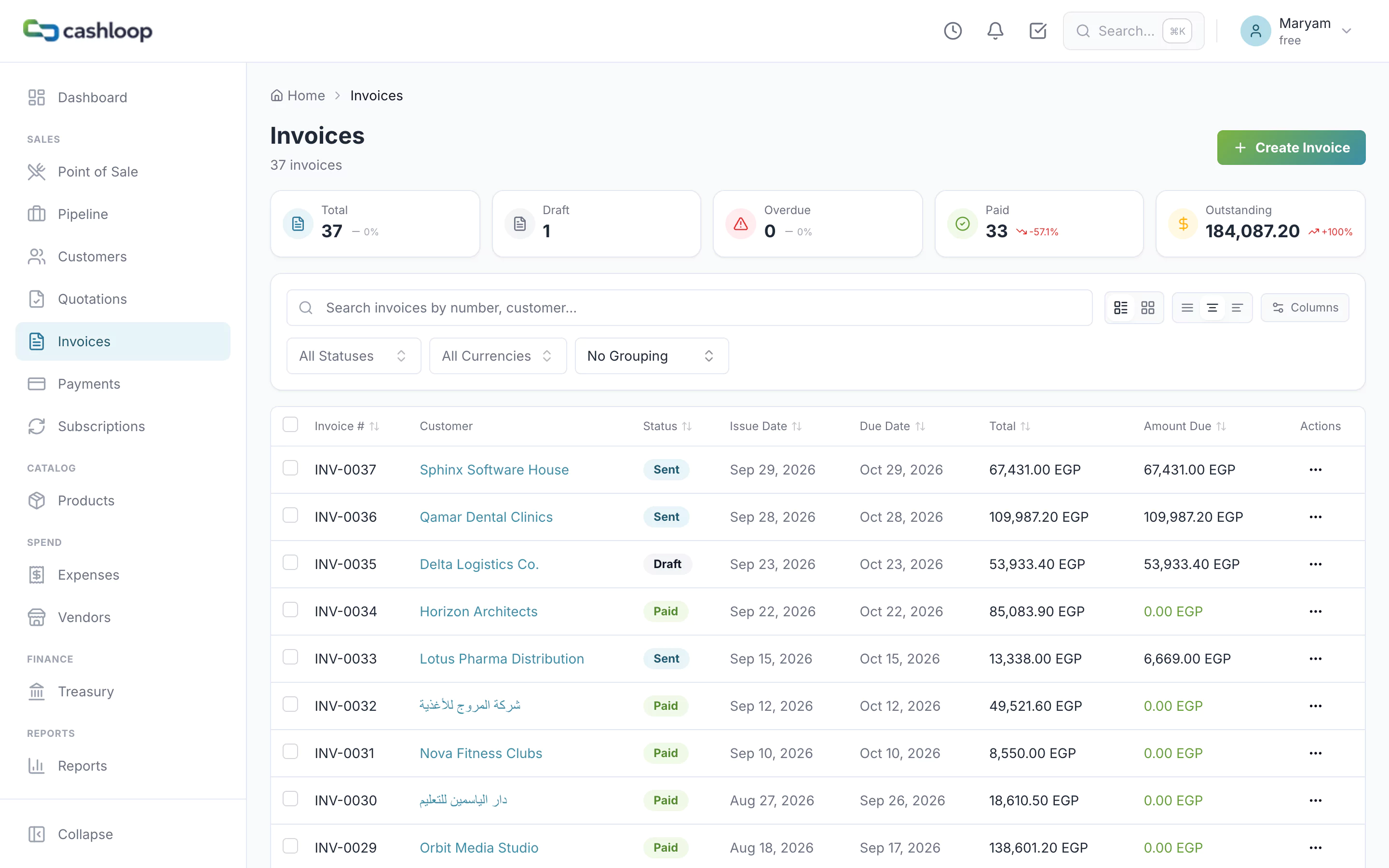 The CashLoop invoice list